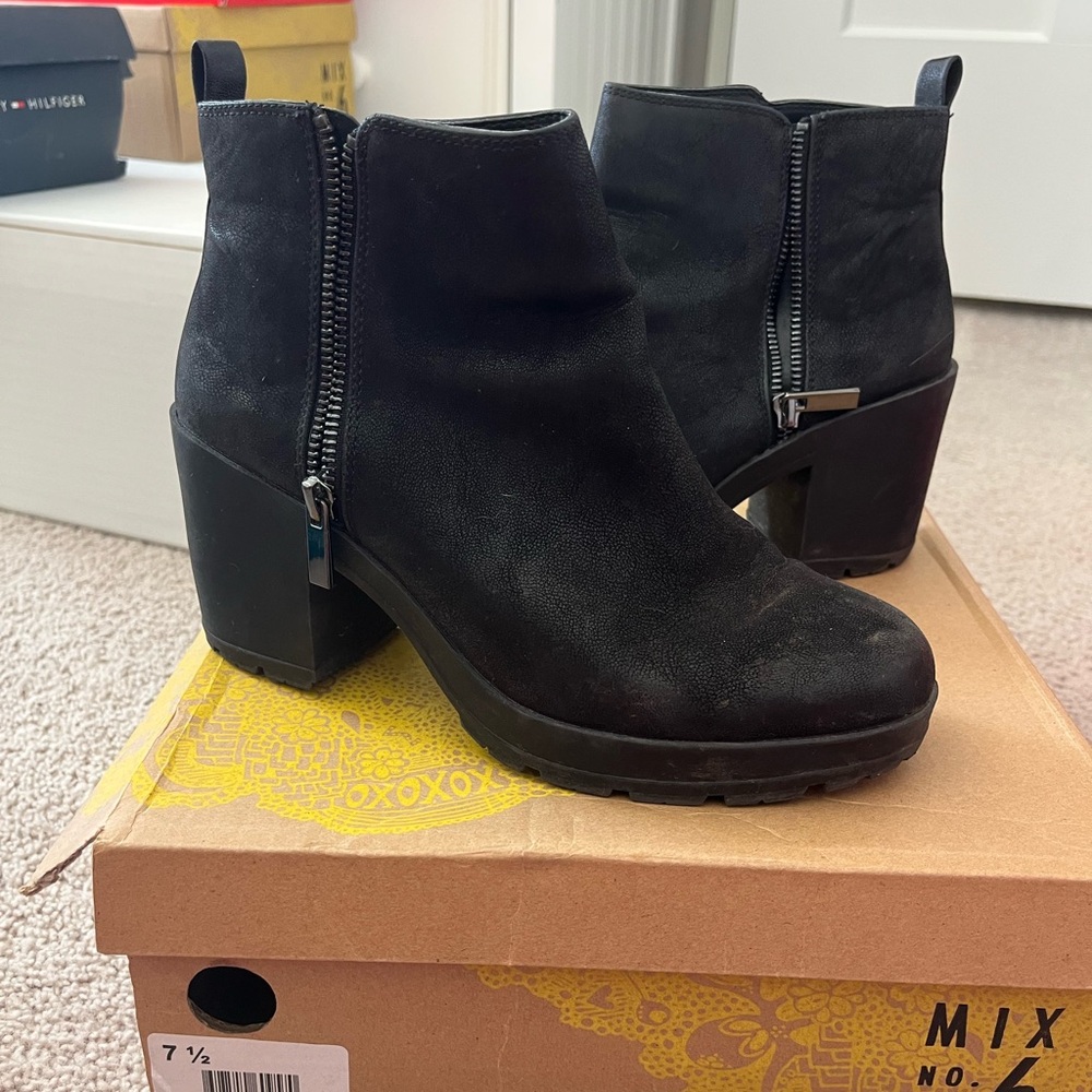 black suede heeled platform booties